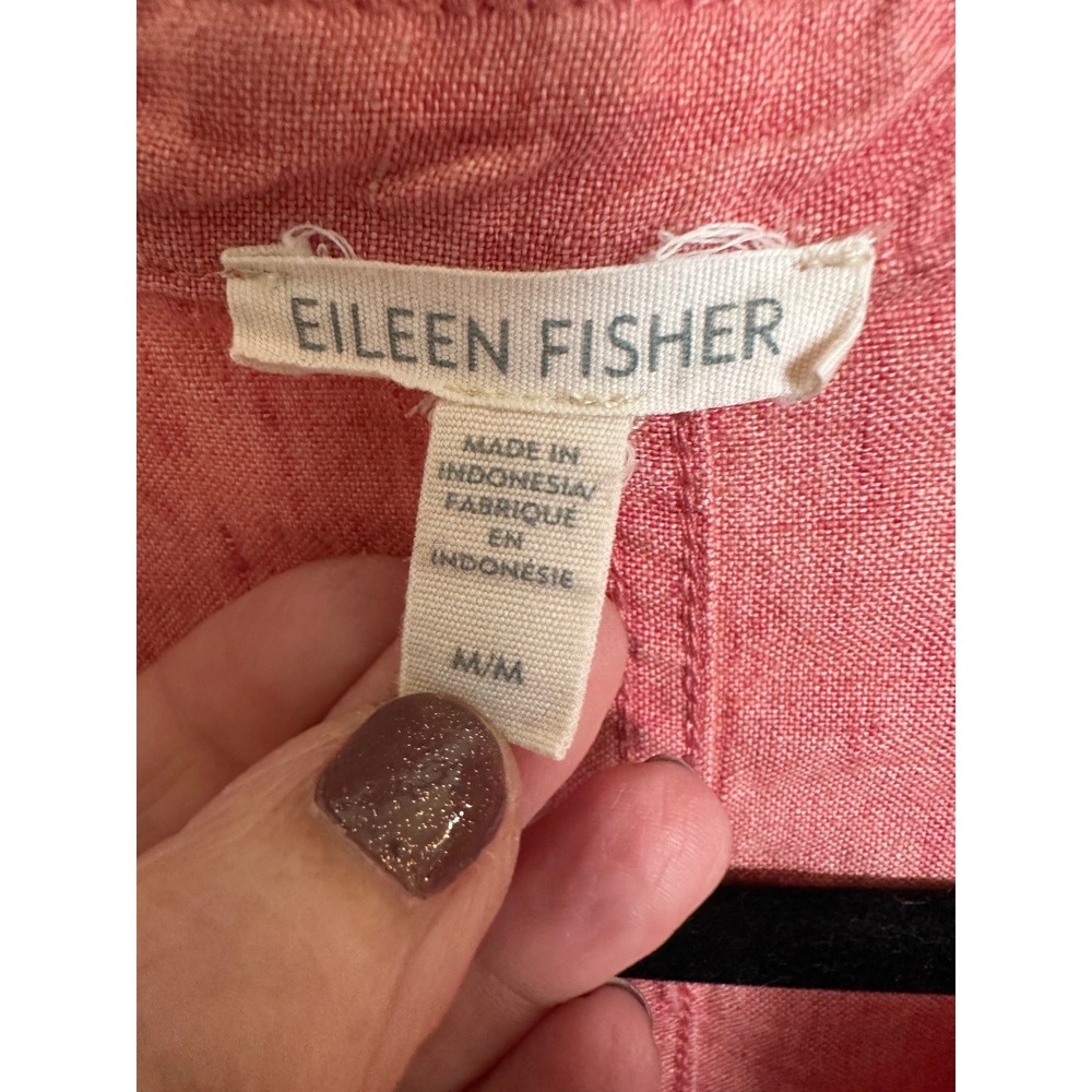 EILEEN FISHER Delave Organic Linen Mandarin Collar Button Shirt Dress Coral M - Picture 4 of 9